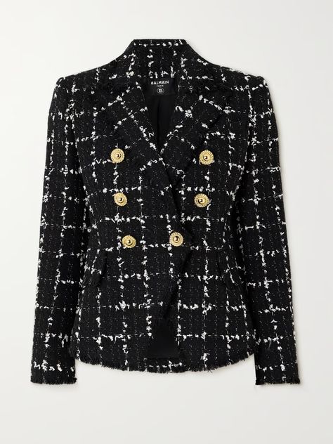 BALMAIN Checked cotton-blend tweed blazer | NET-A-PORTER Balmain Tweed, Balmain Clothing, Tweed Pattern, Estilo Preppy, Black Tweed, Blazer Designs, Double Breasted Jacket, Tweed Blazer, The Trend