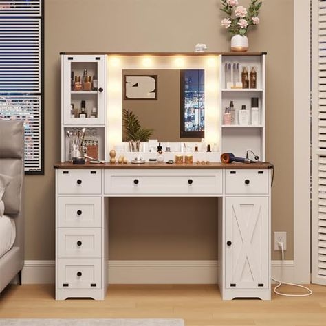 DICTAC Makeup Vanity Desk with Mirror and Lights, Farmhouse Vanity Table with Charging Station, 43'' Bedroom Dressing Table with 6 Drawers & 2 Cabinets, 3 Color Lighting Modes, White Desk/vanity Combo, Makeup Desk With Mirror, Farmhouse Makeup Vanity, Glass Top Vanity, White Vanity Table, Vanity Desk With Mirror, Makeup Vanity Lighting, Desk With Mirror, Table With Charging Station