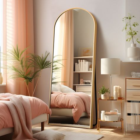 Buy 64"x21" Aluminum Alloy Full Length Mirror Standing Mirror Arch Floor Mirror,Gold at Walmart.com Big Mirror In Bedroom, Full Length Mirror In Bedroom, Room Mirror Ideas, Arch Floor Mirror, Full Length Mirror Stand, Mirror Standing, Gold Room Decor, Floor Length Mirror, Gold Bedroom