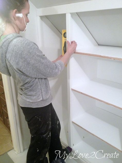 Diy Built In Bookcase Slanted Ceiling, Slanted Wall Storage, Sloped Closet, Slanted Wall Closet, Attic Closet Ideas, Slanted Ceiling Closet, Attic Bedroom Closets, Upstairs Ideas, Attic Bedroom Storage