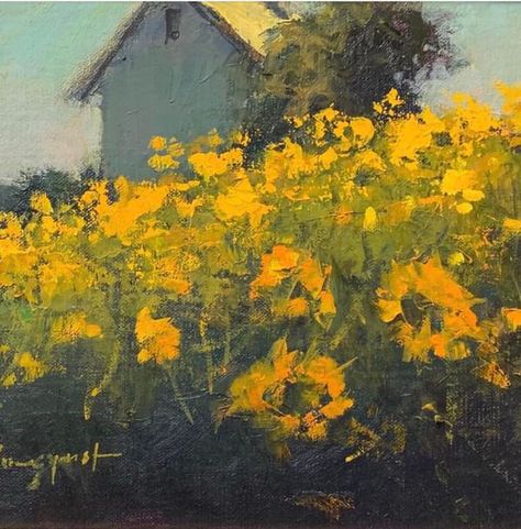 THE OTHER SIDE OF ART | “Old Schoolhouse and sunflowers “ | Facebook Simple Impressionism Art, Small Oil Paintings, Old Landscape Paintings, Romona Youngquist, Impressionist Flowers, Yellow Flowers Painting, Old Schoolhouse, Grass Painting, Sky Art Painting