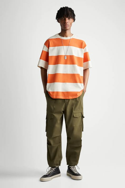 Neutral Tone Outfits Casual, Bright Mens Outfits, Genz Outfits Men, Men Colorful Outfit, Gen Z Mens Fashion, Gen Z Fashion Men, Gen Z Clothes, Orange And Green Outfit, Orange Outfit Men