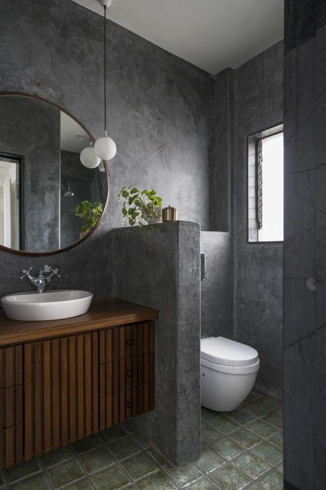 Apartment Design With Concept Of Wabi-Sabi, Simple And Close To Nature | Amoeba Design - The Architects Diary Wabi Sabi Toilet, Small Bathroom With Shower Only, Wabi Sabi Bathroom Inspiration, Concrete Bathroom Design, Wabi Sabi Bathroom, Wabi Sabi Interior, Small Bathroom With Shower, Concrete Bathroom, Small Toilet