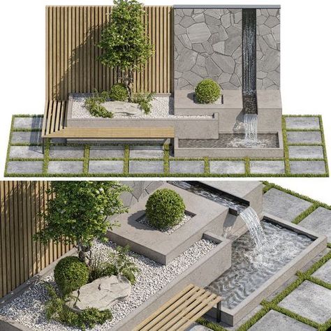 Water Element Architecture, Fountain Modern Design, Fountain Landscape Design, Modern Garden Fountain, Landscape Fountain Ideas, Modern Outdoor Landscaping, Modern Landscape Design Backyard, Water Fall Landscape, Terrace Landscape Design