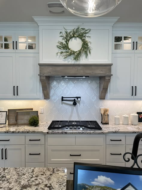 Decorative Kitchen Hoods, Range Ideas Kitchen, Range Hood With Upper Cabinets, Arch Over Stove Top, Kitchen Range Hood Ideas Vaulted Ceiling, Beautiful Range Hoods, Oversized Range Hood, Rustic Hood Vents Kitchen, Unique Range Hood Ideas