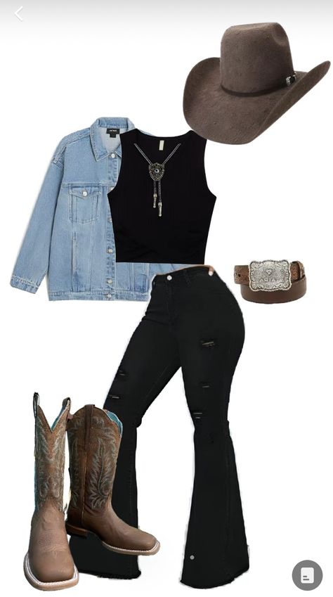 Vaquera Outfit For Quince, Western Outfits Women Black Jeans, Rodeo Boots Women Outfit, Outfits For The Rodeo For Women, 90s Fashion Country, Cowboy Jeans Woman Outfit, Cowgirl Outfit For Concert, Country Concert Outfit With Jean Jacket, Outfit Ideas For A Country Concert