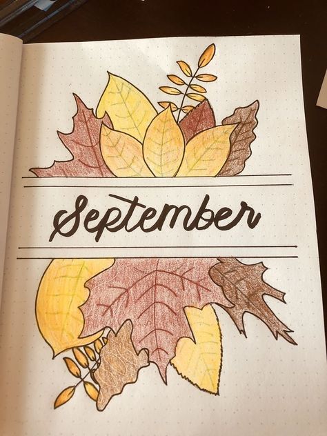 September cover page leaves September Boulet Journal, Month Drawings September, September Sketchbook Ideas, September Drawing Ideas, November Drawings, September Drawings, Bullet Journal November, November Journal, November Bullet Journal