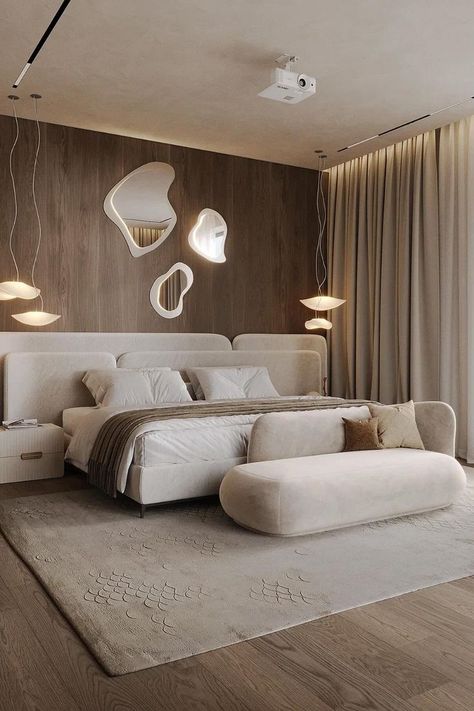 Design your perfect modern bedroom with aesthetic bedroom ideas that showcase contemporary style. Explore a variety of decor themes, from Scandinavian minimalism to industrial chic, to suit your taste High End Contemporary Interiors, Small Bedroom Hacks, Funky Bedroom, Neutral Bedroom Decor, Minimal Bedroom, Luxe Bedroom, Sophisticated Bedroom, Minimalist Bed, Bed Design Modern