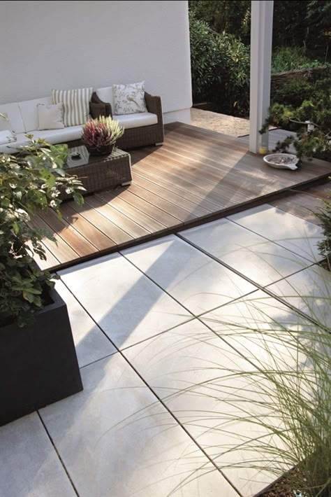 simple lines are good. like the two different textures (wood and concrete). Poured Concrete Patio, Concrete Backyard, Large Pavers, Concrete Deck, Concrete Patio Designs, Concrete Patios, Wood And Concrete, Backyard Remodel, Wood Patio