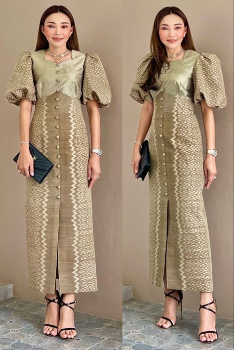 ://m.me/Jureeratsilk Floral Dress Aesthetic, Dress Batik Modern, Tenun Dress, Model Dress Batik, Dress Muslim Modern, Batik Dress Modern, Kebaya Modern Dress, Cocktail Dress Short, Filipiniana Dress