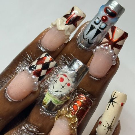 a day at the circus 🤡🎪🤹🏾‍♀️🎠🎟️ #nailart #westlondonnails #westlondonnailtech #conceptart #conceptnailart Scary Clown Nails, Circus Nails Designs, Clown Nail Art, Clown Nails, Circus Nails, Nail Contest, Carnival Nails, 2024 Nails, Autumn Nail