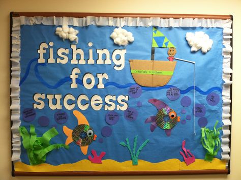 My "fishing for success" bulletin board to start the year! Fishing Classroom Door, Lake Bulletin Board Ideas, School Of Fish Bulletin Board Ideas, Fishing Theme Classroom, Fishing Bulletin Board Ideas, Fish Bulletin Board Ideas, Reading Specialist Classroom, 3k Classroom, Fish Bulletin Boards