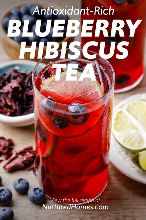 How to Make Antioxidant-Rich Blueberry Hibiscus Tea - Nurtured Homes Blueberry Hibiscus Tea, Antioxidant Tea Recipe, Hibiscus Tea Drink Recipes, Hibiscus Tea Recipes, Hibiscus Iced Tea Recipes, Juneteenth Treats, Hibiscus Tea Recipe, Jamaica Flower, Hibiscus Recipe