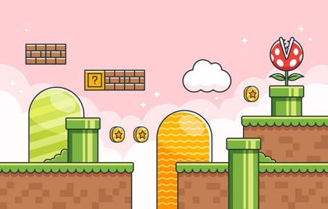 Mario Background Art, Mario Game Aesthetic, Mario Bros Color Palette, Super Mario Level Design, Super Mario World Background, Mario Party Background, Mario Drawing Cute, Super Mario Game Background, Super Mario Graphic Design