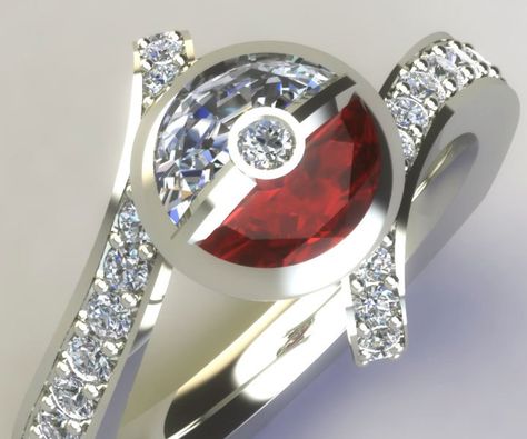 Pokemon Diamond Engagement Ring - gotta catch em all! Lol Pokemon Ring, Pokémon Diamond, Animal Rings, Wedding Planners, Pokemon Go, White Ring, Jewelry Party, Bling Bling, Metal Rings