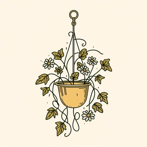 Hanging Basket Tattoo, Hanging Plant Tattoo, Mini Doodles, Macrame Craft Ideas, Initial Art, Bedroom Drawing, Plant Tattoo, Color Schemes Colour Palettes, Tattoo Portfolio