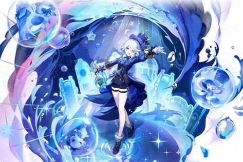 Furina is set to debut in Genshin Impact version 4.2, and players are eager to start gathering her Ascension and Talent Materials in anticipation of her release. Genshin Impact Furina: Release Date Furina is expected Splash Art, Laptop Wallpaper, Wallpaper Pc, Live Wallpapers, Blue Hair, Anime Images, Anime Character, Genshin Impact, Game Art