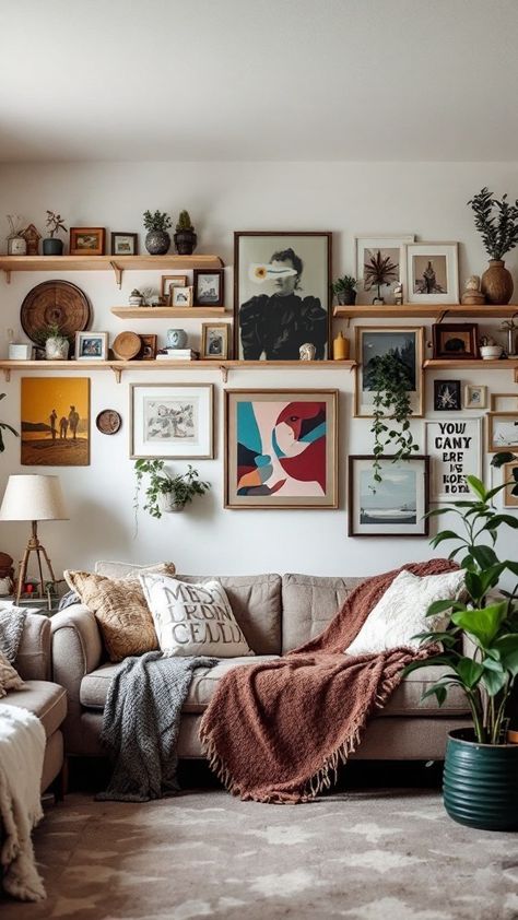 eclectic wall gallery in a modern living room Prints Layout Wall, Textured Gallery Wall, Man Cave Gallery Wall, Art Walls Living Room, Eclectic Gallery Wall Living Room, Interesting Wall Art, Eclectic Picture Wall Ideas, How To Decorate Living Room Wall, Large Wall Living Room Ideas