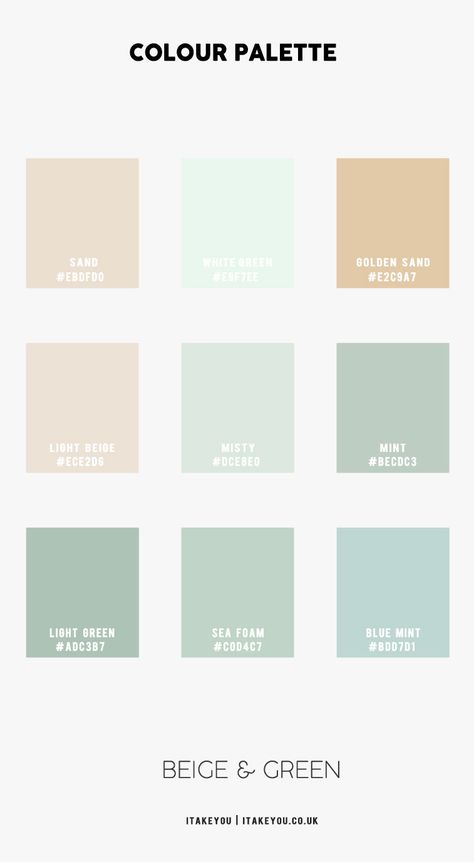 Light Green and Light Beige Bedroom – How To Use I Take You | Wedding Readings | Wedding Ideas | Wedding Dresses | Wedding Theme Mint And Beige Bedroom, Light Colour Palette For Bedroom, Mint Colour Scheme, Light Green Lounge Ideas, Mint And Beige Living Room, Cream And Mint Bedroom, Color Palette Seafoam Green, Light Green Palette Colour Schemes, Light Mint Bedroom