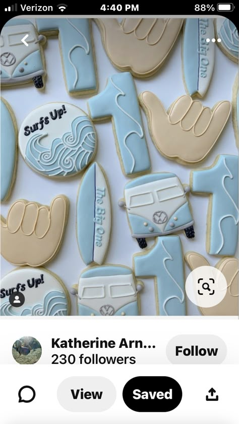 Surfer Baby Shower, Surf Birthday Party, Surf Birthday, First Birthday Cookies, Surf Party, Boys First Birthday Party Ideas, Boys 1st Birthday Party Ideas, Beach Birthday Party, Ocean Birthday