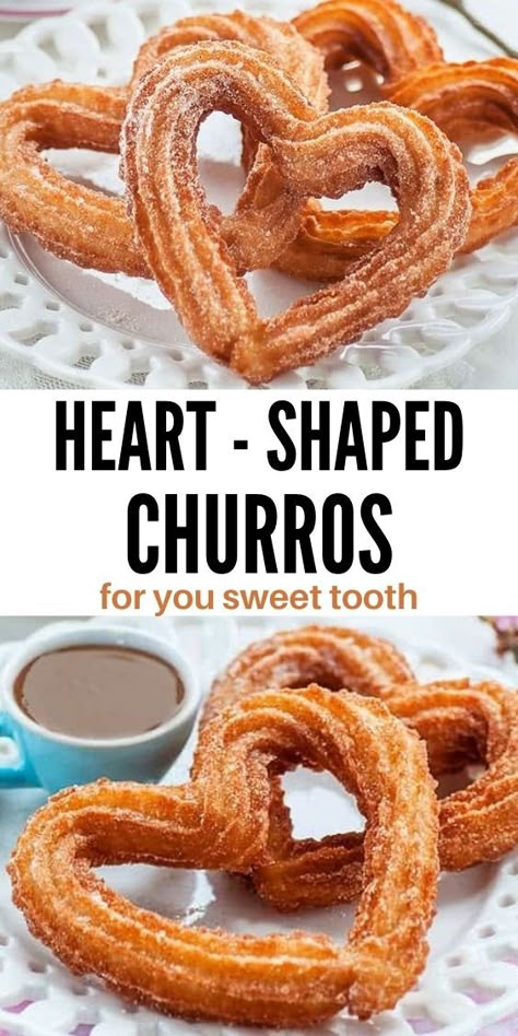 Heart Shaped Churros, Easy Churros, Easy Churros Recipe, Heart Desserts, Homemade Churros, Valentines Recipes Desserts, Strawberry Sugar, Churros Recipe, Homemade Pastries