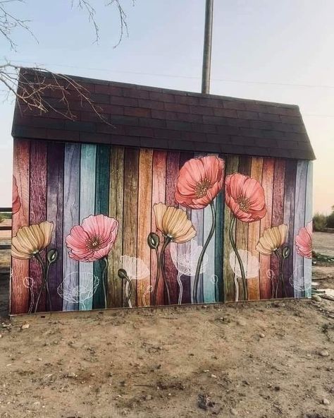 Shed Mural, Garden Fence Art, Garden Mural, Unicorn Spit, Flower Mural, Fence Art, Backyard Sheds, Fence Paint, New Flower