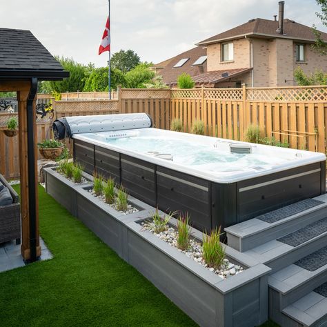 Another wonderful project complete! This stunning backyard transformation was tailored for a lovely family, featuring a state-of-the-art swim spa and a spacious outdoor hosting area. Our team worked diligently to create the perfect balance of functionality and beauty, ensuring that every corner of this Stoney Creek property serves a purpose. It's rewarding to see our clients already making the most of their new outdoor living space. We look forward to watching this landscape mature and be... Swimspa Ideas, Swim Spa Landscaping, Spa Landscaping, Outdoor Hosting, Backyard Crafts, Backyard Transformation, Hot Tub Patio, Spa Ideas, Backyard Pools