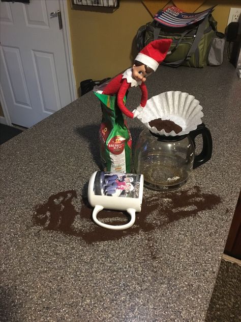 Elf on the shelf coffee mess! Elf On Shelf Coffee Ideas, Elf On The Shelf Coffee Shop, Elf On The Shelf Making Messes, Summer Elf On The Shelf, Elf Coffee Ideas, Elf On The Shelf Coffee Ideas, Elf On The Shelf Coffee, Shelf Coffee Bar, Elf Is Back Ideas