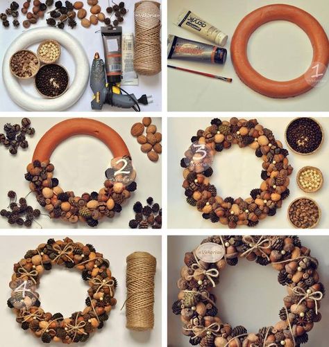 Dekoratívne Vence, Diy Christmas Decorations For Home, Acorn Crafts, Diy Pinecone, Cones Crafts, Pinecone Wreath, Pine Cone Crafts, Natural Christmas, Autumn Crafts