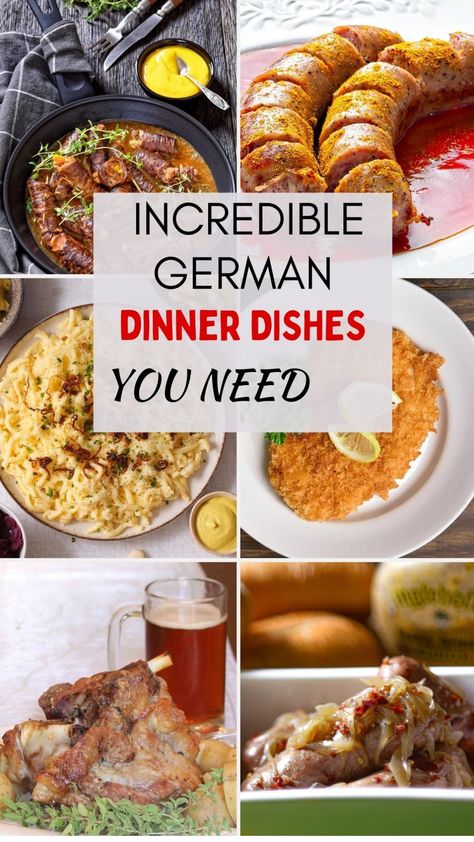 Learn how to make the best, authentic and traditional German dinner recipes so you'll have a delicious dinner to try. Whether you are looking for German sausage recipes for dinner or healthy German dinner recipes, we have some easy and delicious German dinner food for you! German Meat Recipes, German Dinners Easy, German Dinner Ideas, German Authentic Recipes, Swiss Dinner Recipes, Easy German Recipes Dinners, German Food Recipes Easy, Authentic Food Recipes, Traditional German Food Recipes