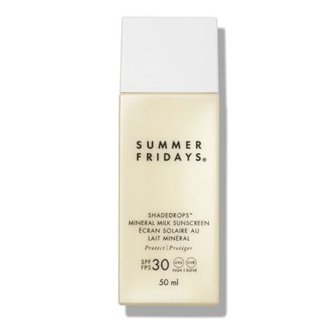 Summer Fridays ShadeDrops Broad Spectrum SPF 30 Mineral Milk Sunscreen includes vitamins and antioxidants to nourish and protect the skin. Summer Fridays Face Wash, Summer Friday Skincare, Summer Fridays Moisturizer, Summer Fridays Sunscreen, Summer Fridays Skincare, Sunscreen Aesthetic, Summer Friday, Summer Products, Sun Screen