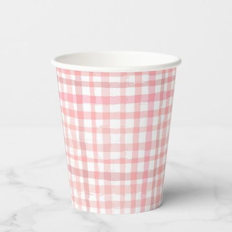 Strawberry Party Cups  Strawberry Birthday Cups  Zazzle Gingham Party, Paper Cup Design, Spring Gingham, Spring Birthday Party, Birthday Party Snacks, Strawberry Birthday, Strawberry Party, Picnic Birthday, Spring Birthday