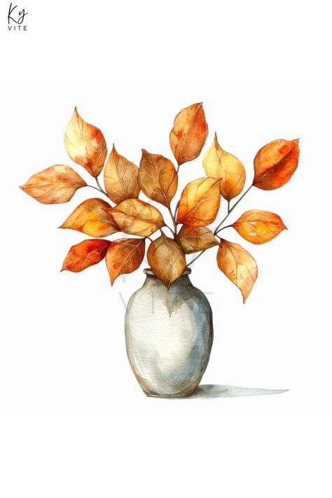 12 Autumn Leaves in Vase Watercolor Clipart, Printable Hand-painted Vintage Watercolor, Digital Art Fall Leaves Watercolor Paintings, Autumn Watercolor Illustration, Easy Fall Watercolor Ideas, Fall Watercolor Ideas, Autumn Watercolor Paintings, Autumn Watercolour, Autumn Leaves Watercolor, Vase Watercolor, Watercolor Digital Art