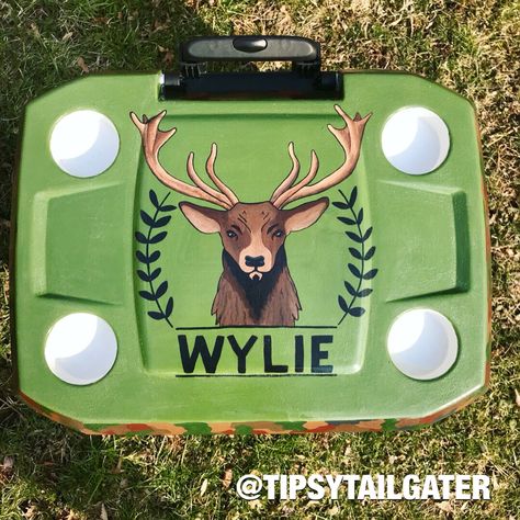 Painted cooler created by the Tipsy Tailgater. Custom coolers made to order. Hunting themed cooler Painted Coolers For Guys, Hand Painted Coolers, Fraternity Cooler, Formal Cooler Ideas, How To Paint Camo, Formal Cooler, Fraternity Coolers, Custom Cooler, Hunting Themes