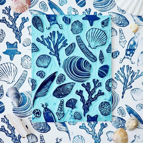 Laura (@theblackpugpress) • Instagram photos and videos Lino Design, Nautical Themed Bedroom, Shell Graphic, Print Lino, Lino Block, Gcse Art Sketchbook, Gifts For Swimmers, Lino Art, Shell Print