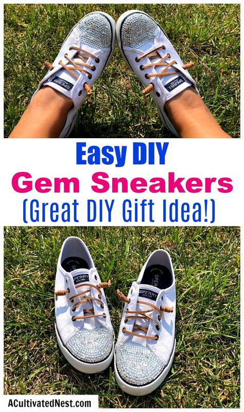 DIY Gem Shoes: How to Bedazzle Sneakers- A fun way to customize your shoes is by putting gems on them! Here is how to bedazzle shoes and make your own DIY gem sneakers! These make great homemade gifts! | add rhinestones to shoes, add gems to shoes, #DIY #bedazzle #craft #diyGift #homemade #handmade #diyProject #sneakers #shoes #homemadeGift #ACultivatedNest Bedazzle Sneakers, Bedazzle Shoes, Diy Glitter Shoes, Baby Moccasin Pattern, Bedazzled Shoes Diy, Boots Diy, Bedazzled Shoes, Painted Shoes Diy, Diy Gem