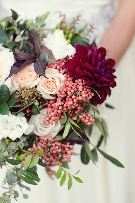 wedding bouquet with berries | Dahlias, Pepper Berries & Roses Bouquet Bride, Winter Wedding Flowers, Floral Event Design, Fall Wedding Flowers, Wedding Flower Inspiration, Bouquet Arrangements, Bridal Flowers, Beautiful Bouquet, Bridal Portraits