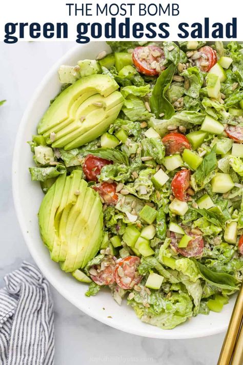 15 Minute Green Goddess Salad Recipe filled with crisp green lettuce, cucumber, tomato, avocado green pepper and sunflower seeds then topped with creamy green goddess dressing for the perfect bite. #saladrecipes #saladideas #sidesalads #greengoddesssalad #healthydinner #easydinnerideas Goddess Salad Recipe, Green Goddess Salad Recipe, Green Goddess Salad Dressing, Green Goddess Salad, Goddess Salad, Honey Roasted Carrots, Chopped Salad Recipes, Goddess Dressing, Romaine Salad