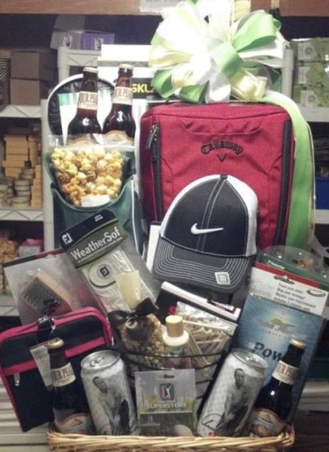 Ideas for Gift Baskets for Men - Hairs Out of Place Silent Auction Gift Basket Ideas, Silent Auction Basket, Auction Gift Basket Ideas, Fundraiser Baskets, Golf Birthday Gifts, Silent Auction Baskets, Auction Basket, Funny Golf Gifts, Raffle Basket