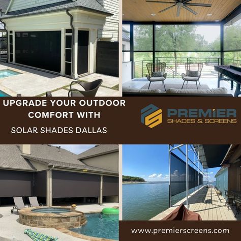 Looking for the best solar shades in Dallas? Premier Shades & Screens offers high-quality solar shades that reduce heat, block UV rays, and enhance privacy while maintaining your view. Perfect for patios, porches, and windows, our solar shades keep your home cool and comfortable year-round. Upgrade your outdoor living with stylish and functional solar shades in Dallas today! Contact us for a free consultation. Roll Down Shades, Exterior Solar Shade, Retractable Shade, Motorized Shades, Solar Shades, Shade Screen, Patio Shade, Improve Energy, Ft Worth