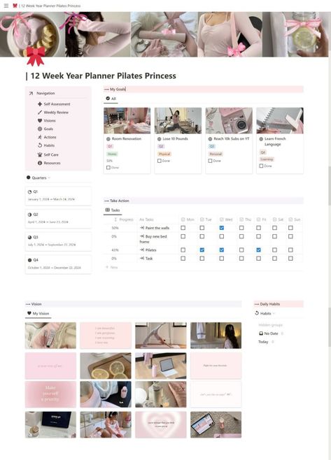 Pilates Princess 12 Week Year Planner | Notion Template travelplanner #bestplannersformoms #plannertoorganize #goodnotestemplatesfreeplanner 12 Week Year Templates, 12 Week Year Notion, Notion 2024, Notion Weekly Planner, 12 Week Year Planner, Best Planners For Moms, 12 Week Year, Notion Setup, Notion Board