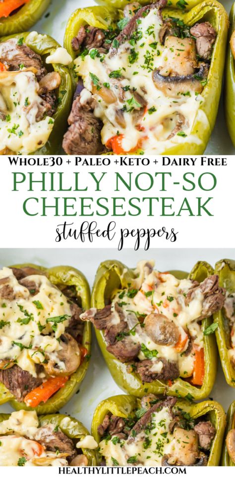 Philly Not-So Cheesesteak Stuffed Peppers |  Healthy Little Peach Steak Mushrooms, Cheesesteak Stuffed Peppers, Cheese Alternative, Wallpaper Food, Stuffed Peppers Healthy, Whole30 Chicken, Whole30 Dinners, Sliced Steak, Diner Recept