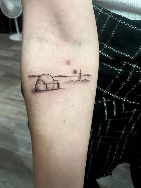 Tattooine #tattoo #ink #art #best #design #idea #tattooforyou #inkedgirl #starwars Small Travel Tattoos, Section Kitchen, Mandalorian Tattoo, Star Wars Tattoo Sleeve, Lightsaber Tattoo, Darth Vader Tattoo, Rustic Living Room Ideas, Kitchen Partition, Nerdy Tattoos