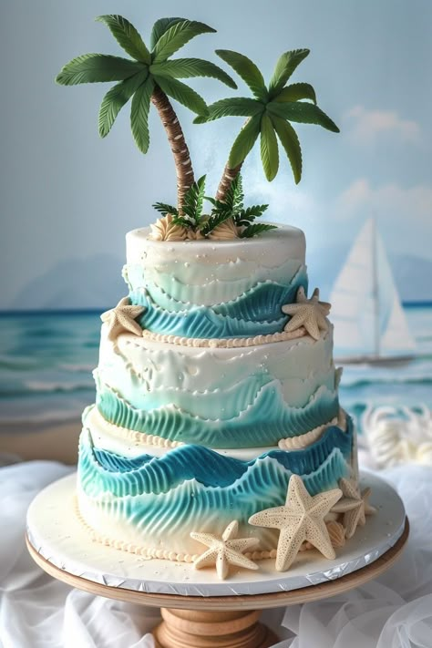 Ocean Wedding Cake Ideas, Cute Fondant Cakes Birthdays, Beach Fondant Cake, Palm Tree Wedding Cake, Palm Tree Birthday Cake, Beach Cakes Ideas, Beachy Wedding Cake, Beachy Birthday Cake, Beach Cake Birthday