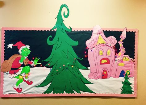 Grinch Tree Bulletin Board, Grinch Themed Bulletin Board, Grinch Christmas Tree Bulletin Board, Grinch Bulletin Boards For School, Grinch Theme Hallway, Grinch Themed Classroom, Rudolph Bulletin Board, Grinch Christmas Bulletin Board Ideas, Whoville Christmas Decorations Classroom