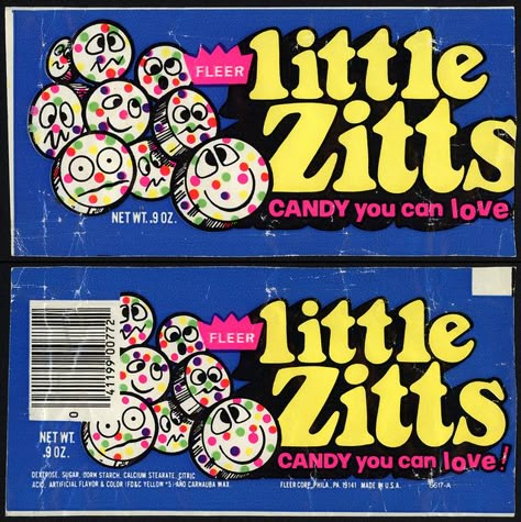 Fleer - Little Zitts candy package - late 1970s Weird Packaging, Kate Moross, Sweet Packaging, Vintage Sweets, Retro Packaging, Pizza Branding, Candy Poster, Retro Candy, Candy Packaging