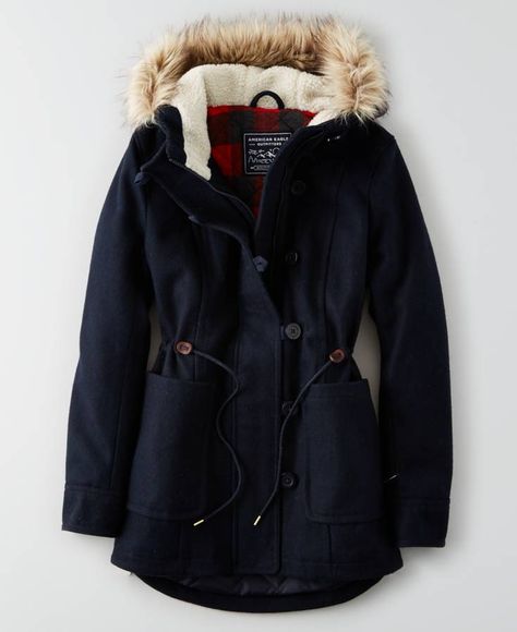 AEO Wool Parka, Women's, Navy Blue Navy Hooded Winter Outerwear, Navy Winter Outerwear With Adjustable Hood, Casual Navy Hooded Parka, Faux Fur Vests Outfits, Navy Double-lined Hooded Winter Outerwear, Blue Parka, Fur Vest Outfits, Navy Wool Coat, Faux Coat