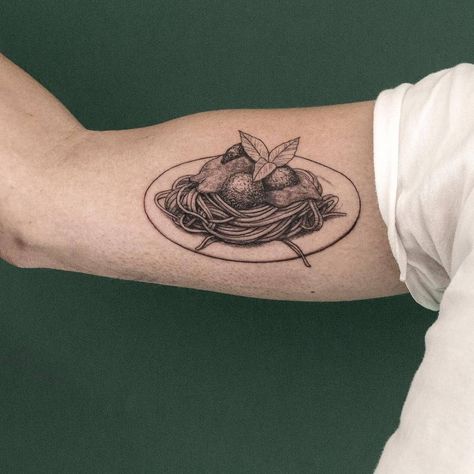 Bowl Tattoo, Cooking Tattoo, Chef Tattoo, Spaghetti Meatballs, Food Tattoos, Ancient Tattoo, Pasta Spaghetti, Food Pasta, Head Tattoo