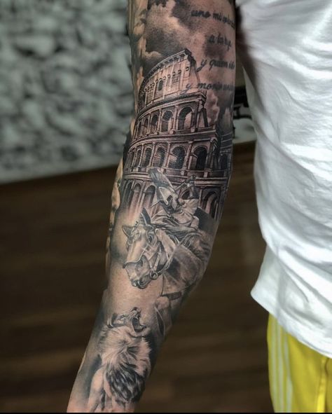 Roman Arm Tattoo Men, Roman Sleeve Tattoo Men, Greek Arm Sleeve Tattoo, Colosseum Tattoo Sleeve, Greek Colosseum Tattoo, Tattoo Ideas For Men Greek Mythology, Roman Tatoos Ideas, Roman Leg Tattoo, Men’s Greek Tattoos