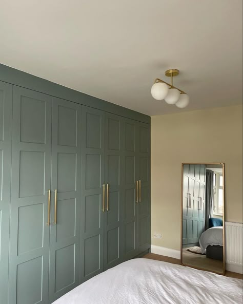 Green Fitted Wardrobes Bedroom, Bedroom Green Wardrobe, Sage Wardrobe Doors, Sage Green Fitted Wardrobes, Green Wardrobe Design Bedroom, Sage Built In Cabinets, Sage Green Wardrobe Doors, Olive Green Cupboards Bedroom, Sage Green Built In Wardrobe